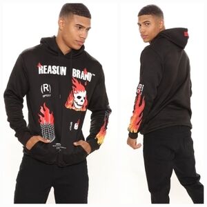 REASON Flaming Skull Hoodie Size S